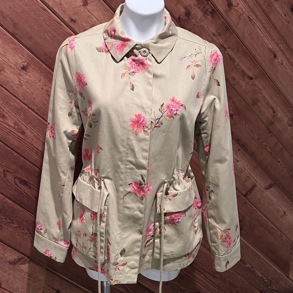 A Loves A Floral Cinched Waist Beige Pink Full Zip Lightweight Jacket Medium - Picture 2 of 12